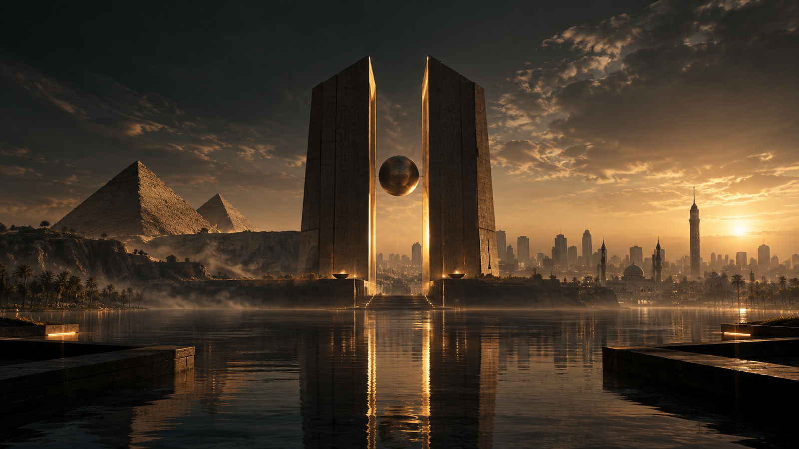 Cinematic AI visual concept with sculptural architecture in a golden city