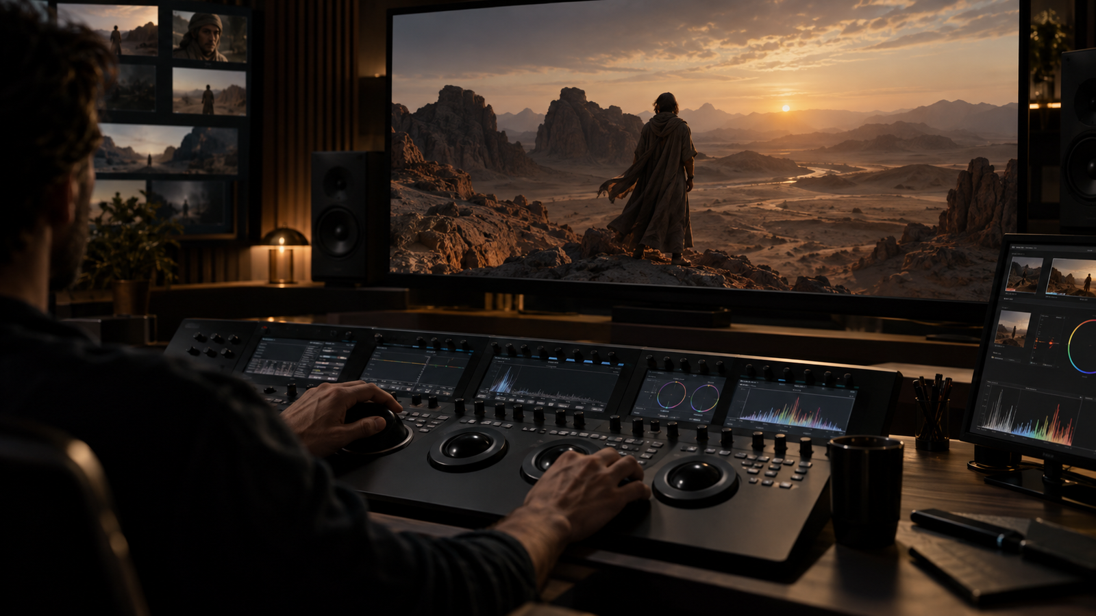 Colorist refining the mood of a film on a grading console