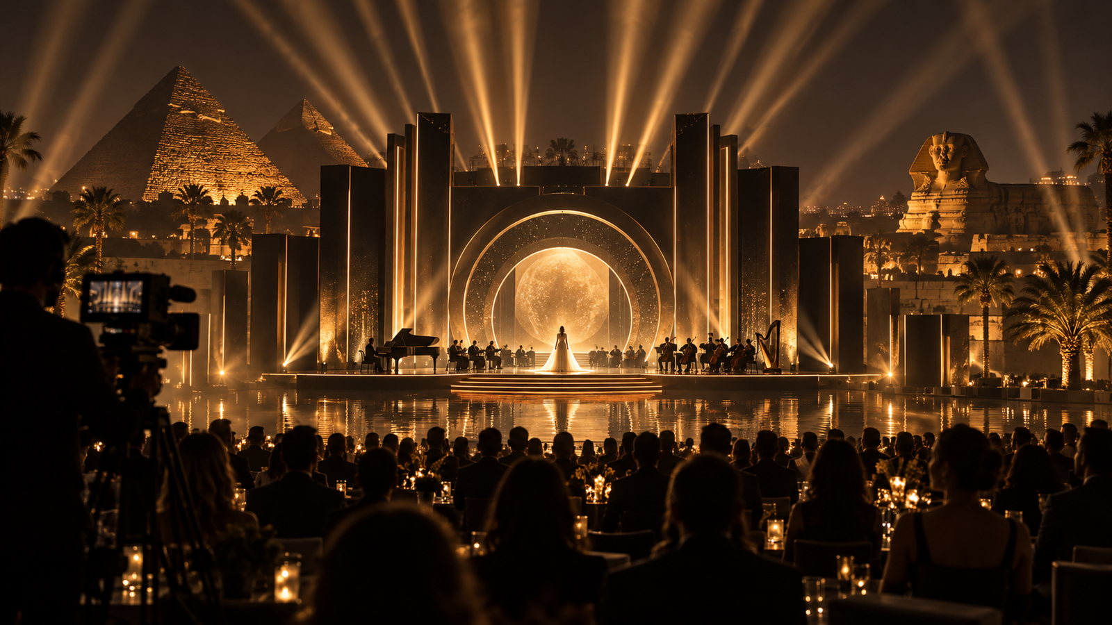 Cinematic event staged in warm gold light with a film crew