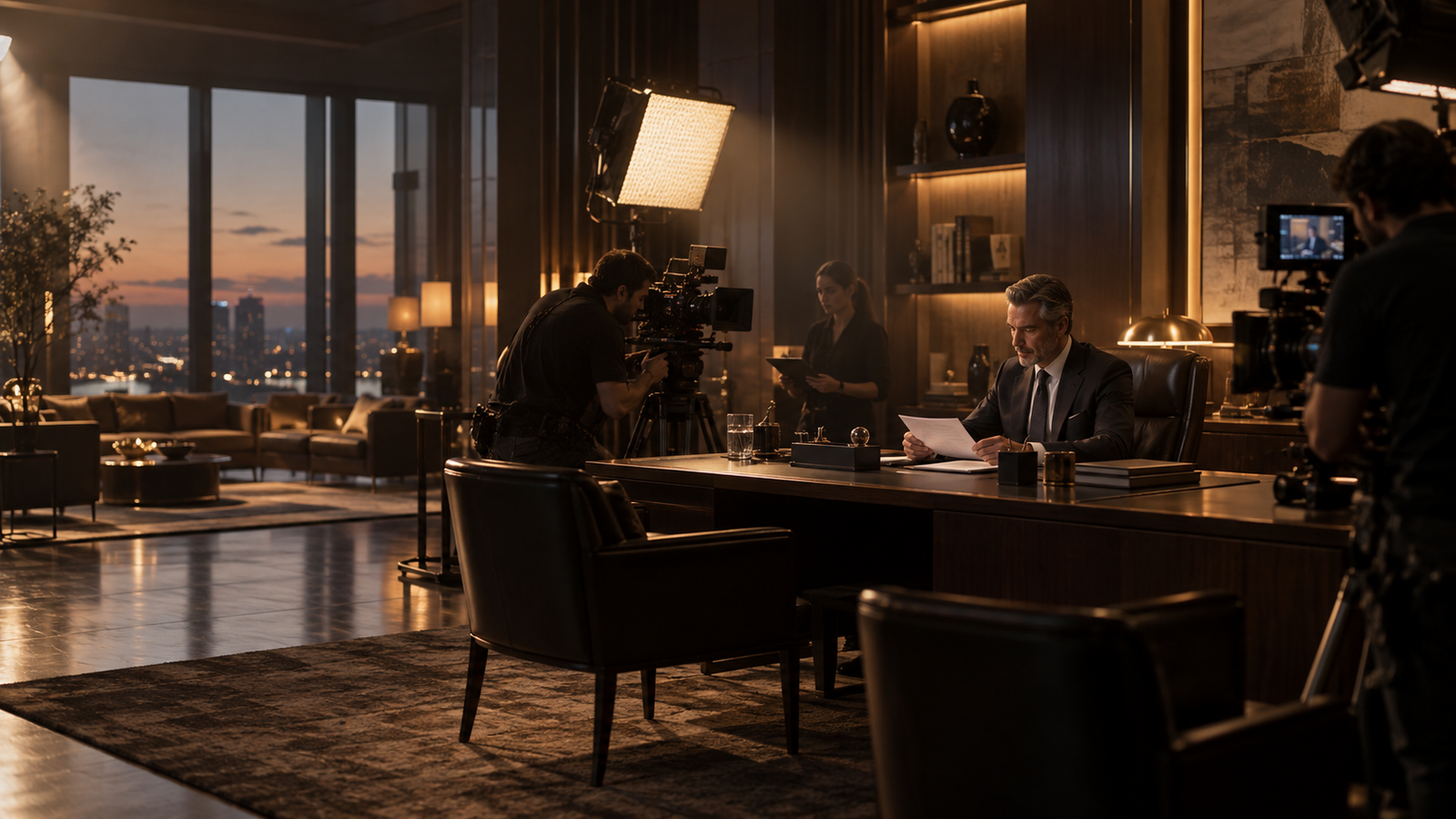 Illustrative executive office production set with a seated professional and cinema cameras
