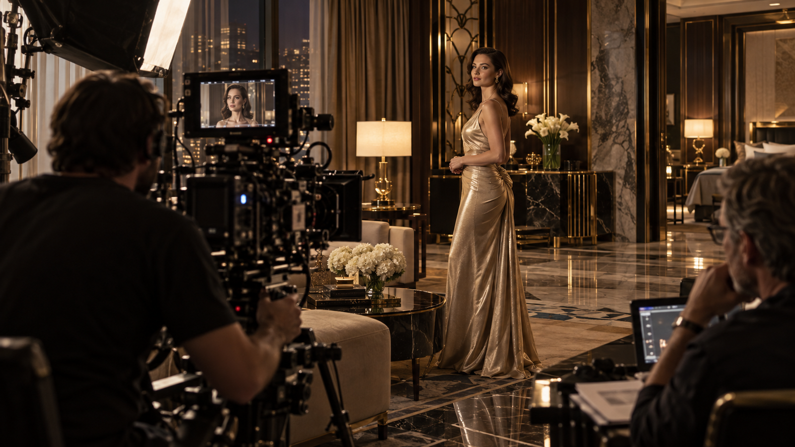Elegant fashion campaign being filmed with a cinema crew in a luxury suite