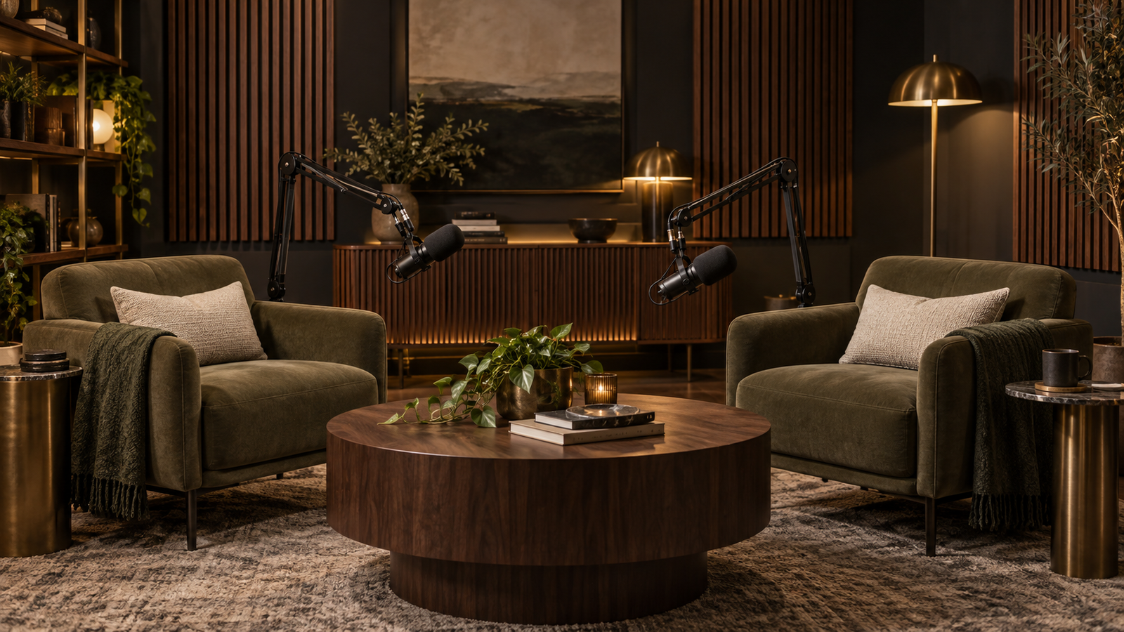 A warm podcast studio with two broadcast microphones