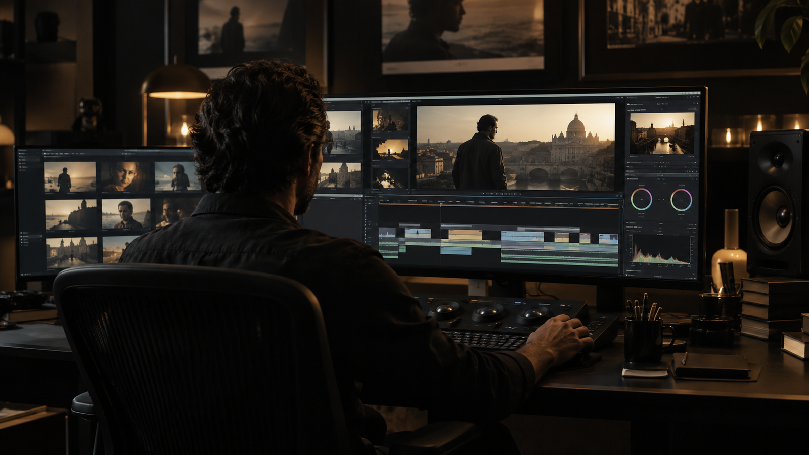 Film editor refining a cinematic sequence in the post-production suite