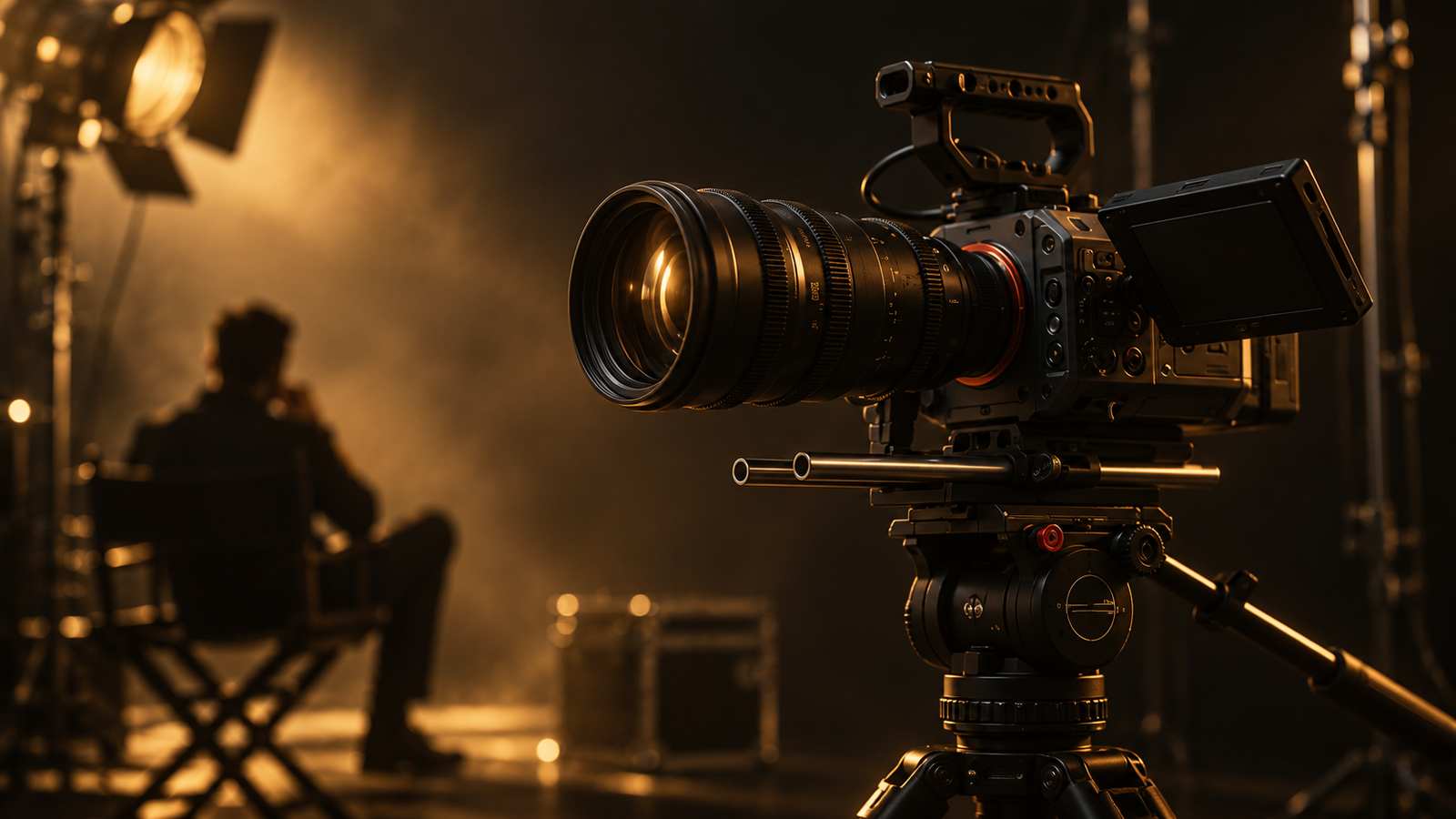 Cinema camera and director on a warmly lit film set